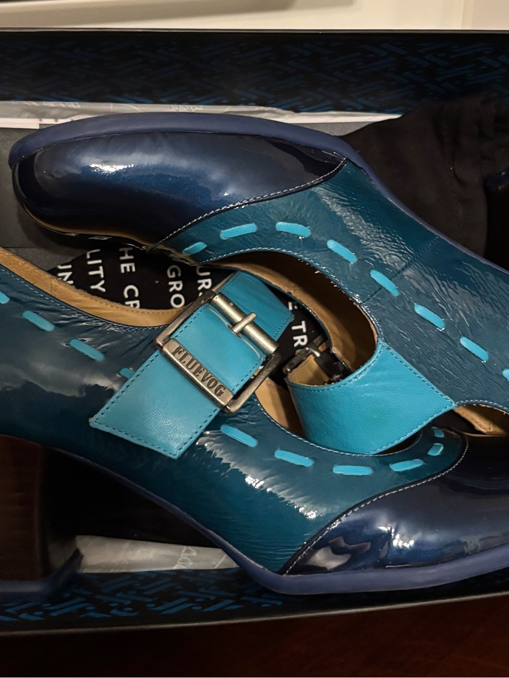 John Fluevog Dr Henry Two-Tone Teal & Navy Mary Jane heels